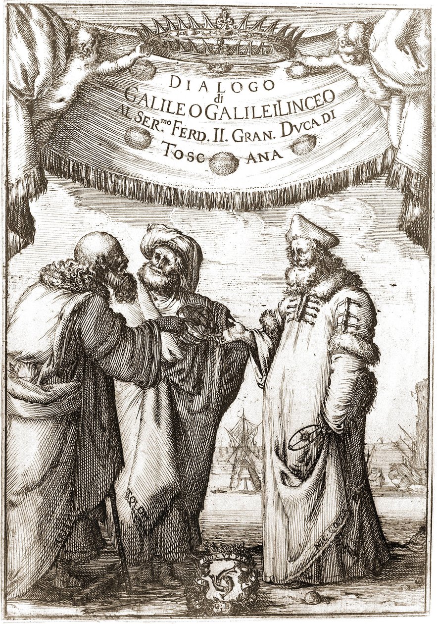 Aristote, Ptolémée et Nicolas Copernic (Nicolaus Copernicus, 1473-1543) (astronomes) en conversation - dans « Dialogo sopra i due massimi sistemi del mondo » de Galileo, Galilei linceo, al Ser. mo F - Unknown