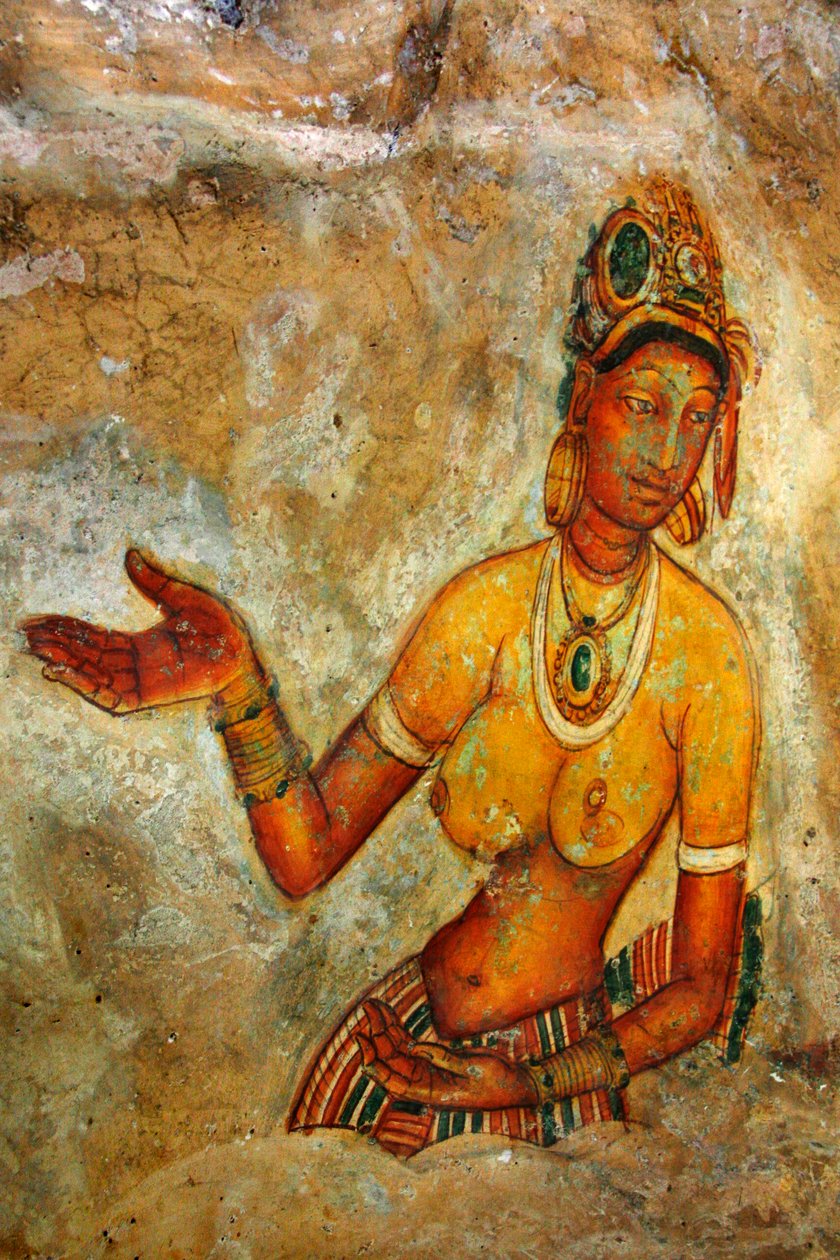 Fresque sur le mur du rocher de Sigiriya, dans le district de Matale au Sri Lanka. Ce monticule de lave de 370 mètres de haut d