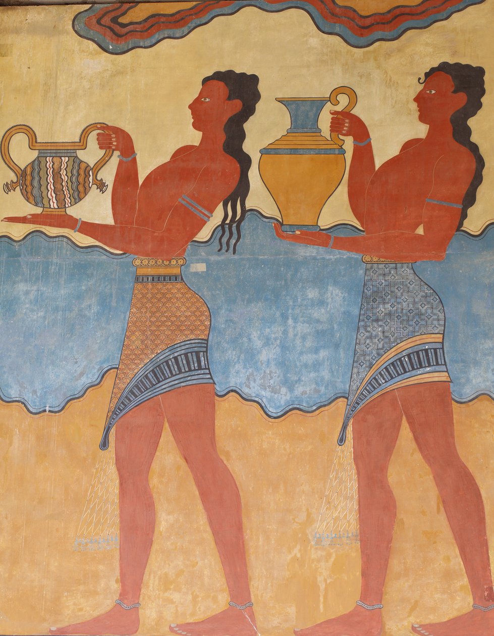 Site archéologique minoen de Knossos. Art minoen. Figures de la « fresque de la procession » du palais de Knossos. Entrée sud. Copie d