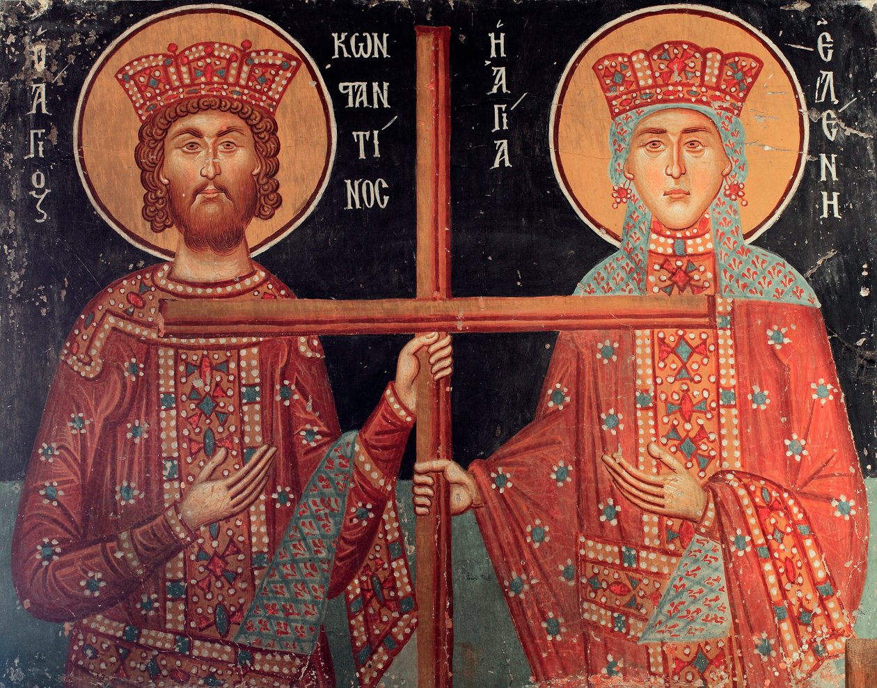Fresque byzantine du 15ème siècle, Empereur Constantin et sa mère Hélène, Église de l