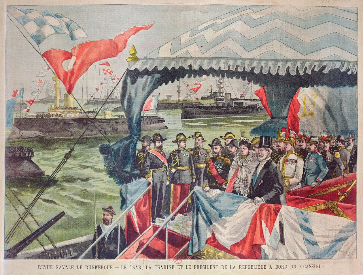 Revue navale à Dunkerque : Tsar Nicolas II avec sa femme, Tsarine Alexandra avec le Président Loubet à bord du torpilleur 