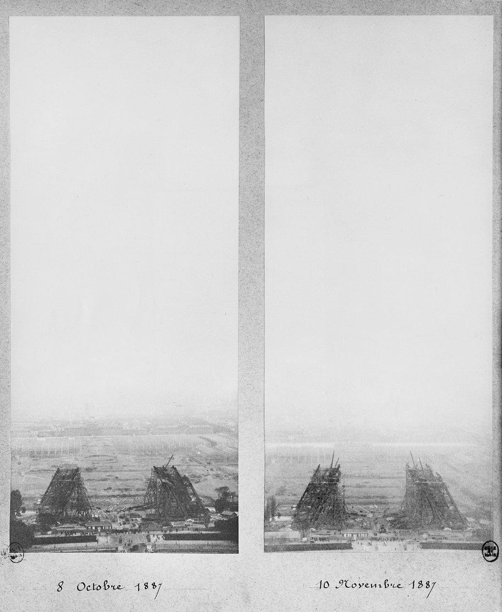 Deux vues de la construction de la tour Eiffel, Paris, 8 octobre et 10 novembre 1887 - French Photographer