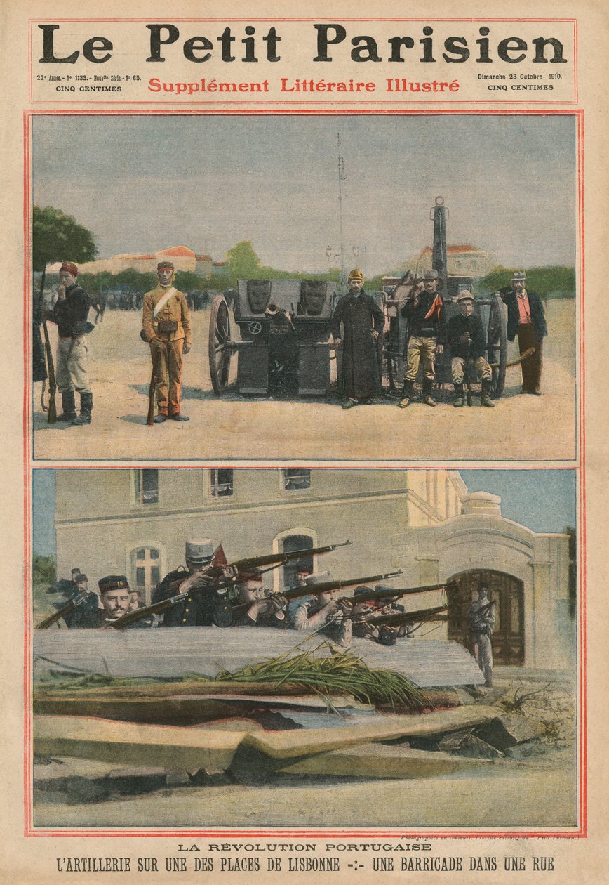 Révolution portugaise, artillerie sur une place de Lisbonne, une barricade dans une rue, illustration de couverture du 