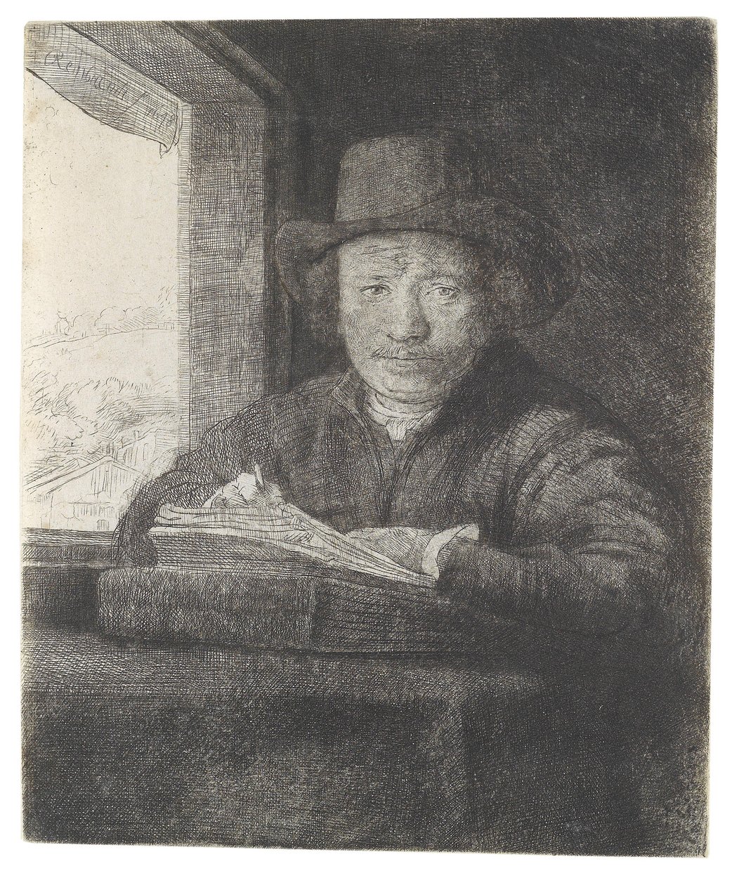 Autoportrait dessinant à la fenêtre - Rembrandt van Rijn