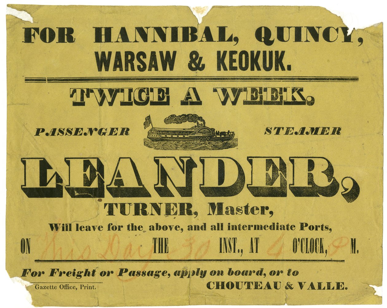 Publicité pour S.S.Leander, fret ou passage deux fois par semaine, vers Hannibal, Quincy, Varsovie et Keokuk, vers 1850 - Unknown