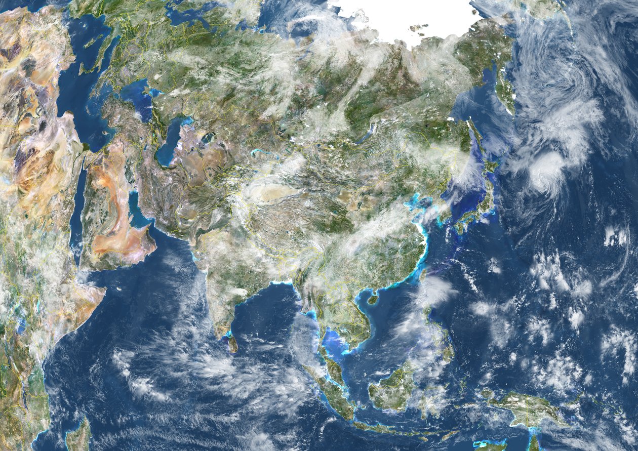 Asie avec frontières des pays et couverture nuageuse, image satellite en vraies couleurs - Unknown