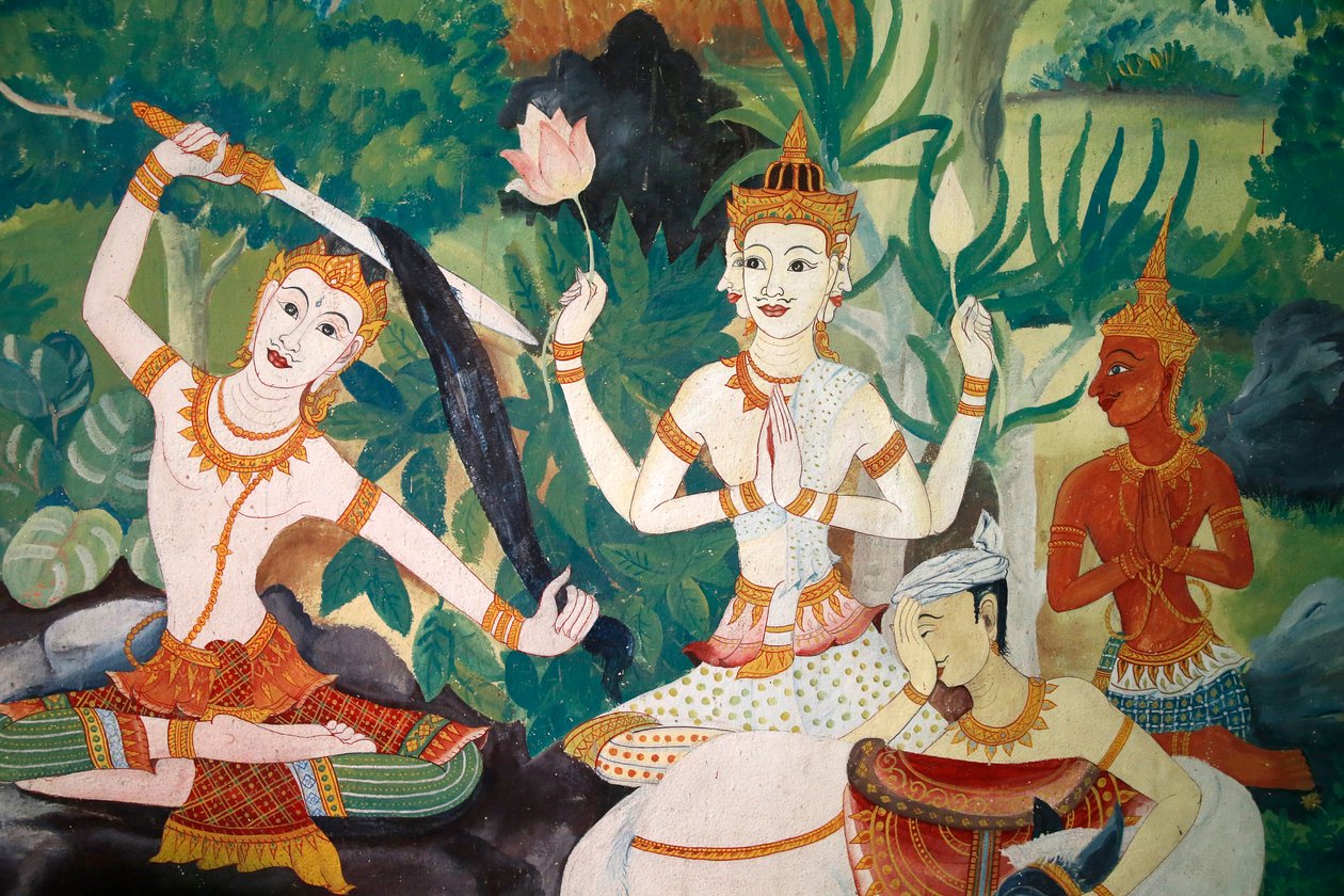 Fresque à Wat Ampharam, Hua Hin, Thaïlande. Bouddha se coupant les cheveux et renonçant à sa vie antérieure - Unknown