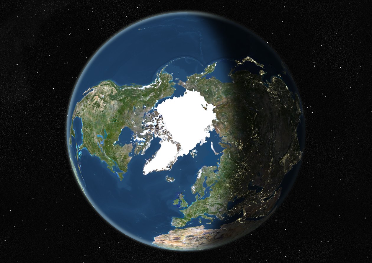 Globe centré sur le pôle Nord, image satellite en vraies couleurs - Unknown