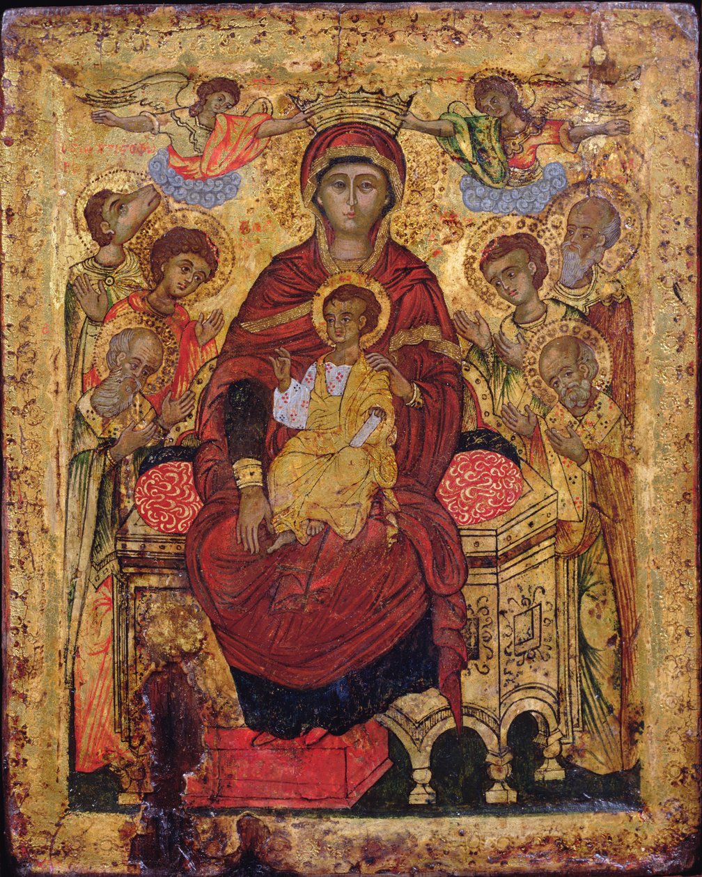 Madone et Enfant en trône avec des saints, icône des Îles grecques, début 18e siècle - Unknown