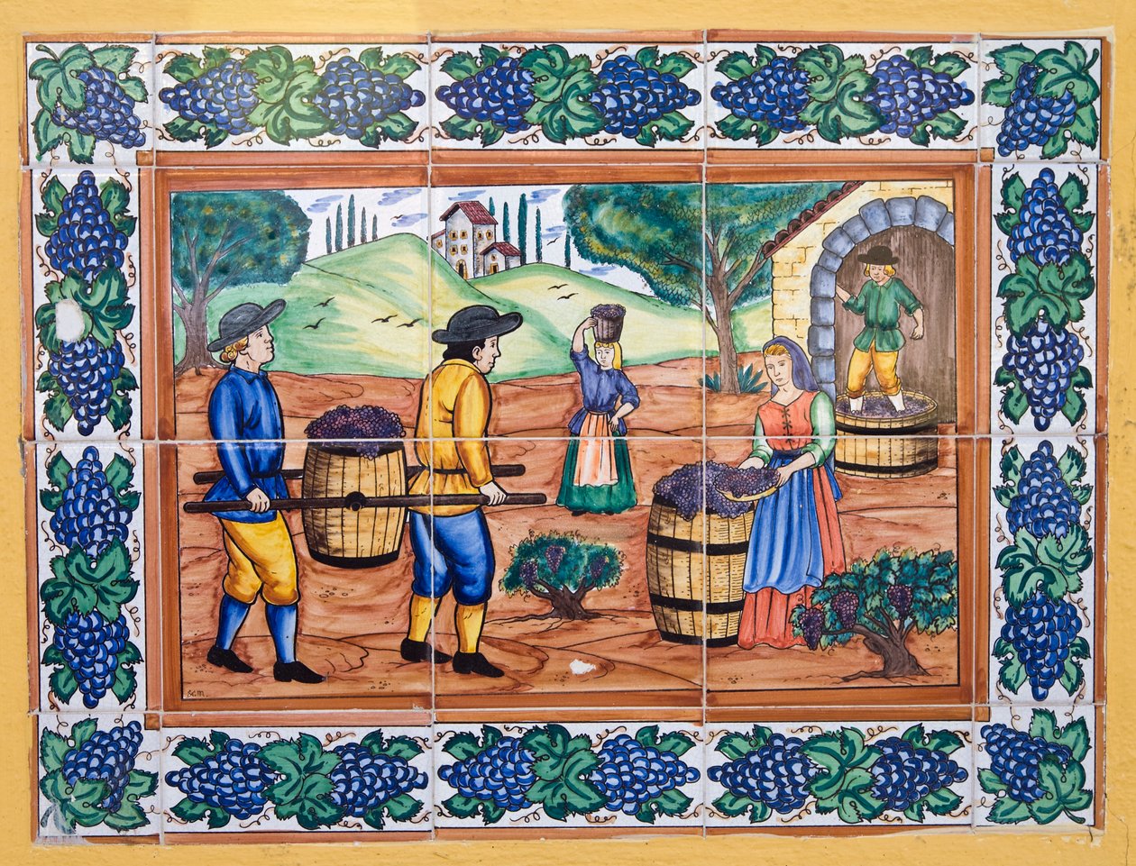 Carreaux de céramique espagnole moderne de style XVIIe ou XVIIIe siècle montrant des ouvriers transportant des raisins vers la cave du vignoble - Unknown