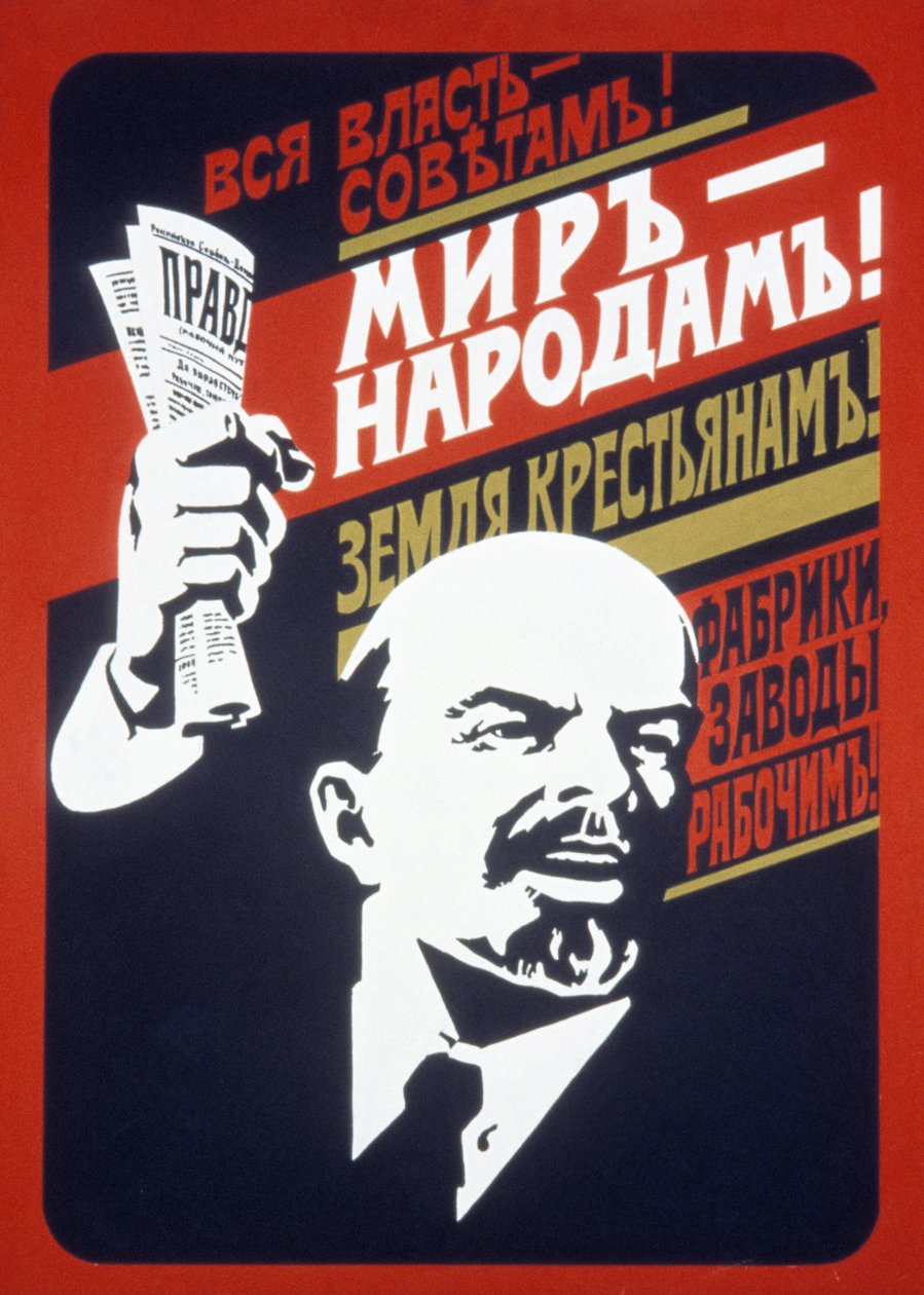 Affiche de propagande soviétique des années 1920, Tout le pouvoir aux soviets ! Paix au peuple ! Terre aux paysans ! Usines et moulins aux ouvriers ! - Unknown