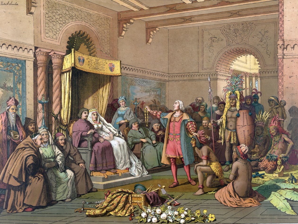 Colomb à la cour de Barcelone avec des Indiens du Nouveau Monde, février 1493, pub.1893 - American School