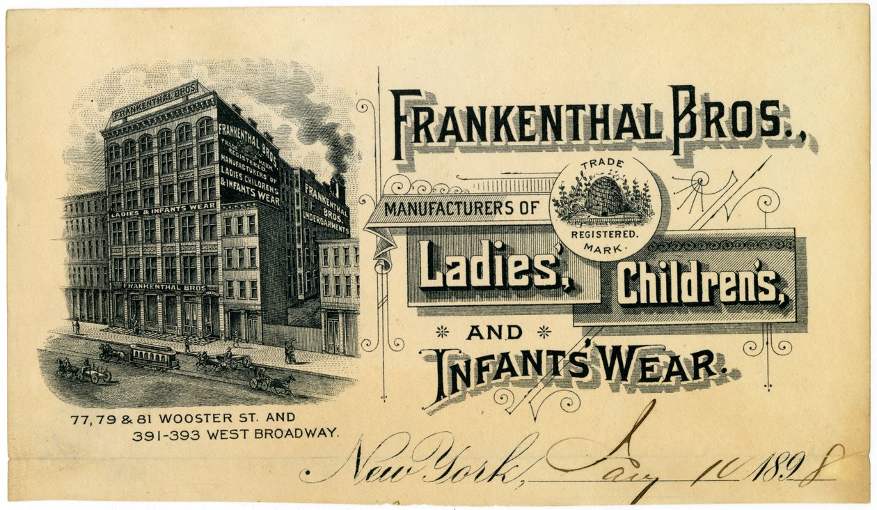 Frankenthal Bros., Fabricants de Vêtements pour Dames, Enfants et Bébés [carte commerciale], 1898 - American School