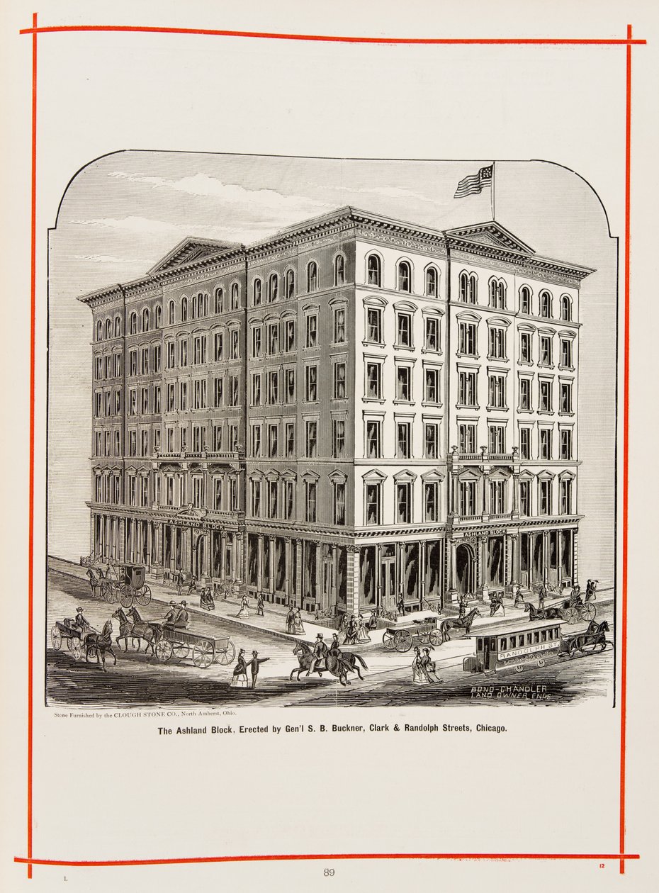 Le Ashland Block aux rues Clark et Randolph, Chicago, illustration dans The Merchants and Manufacturers of Chicago Illustrated, 1873 - American School