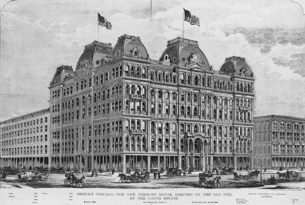 Le nouveau Tremont House, illustration du Land Owner, supplément de mars 1873 - American School