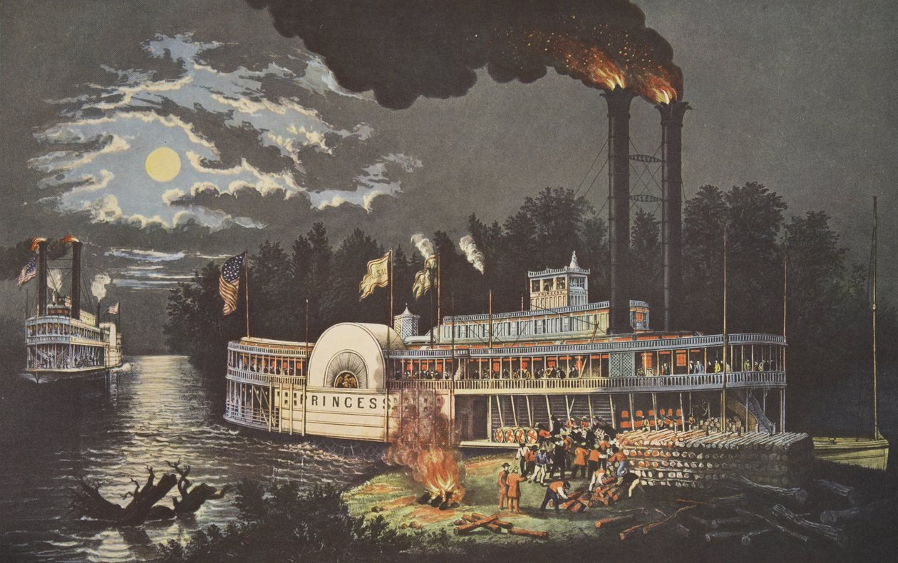 Chargement de bois sur le Mississippi, pub. 1863, Currier & Ives - American School