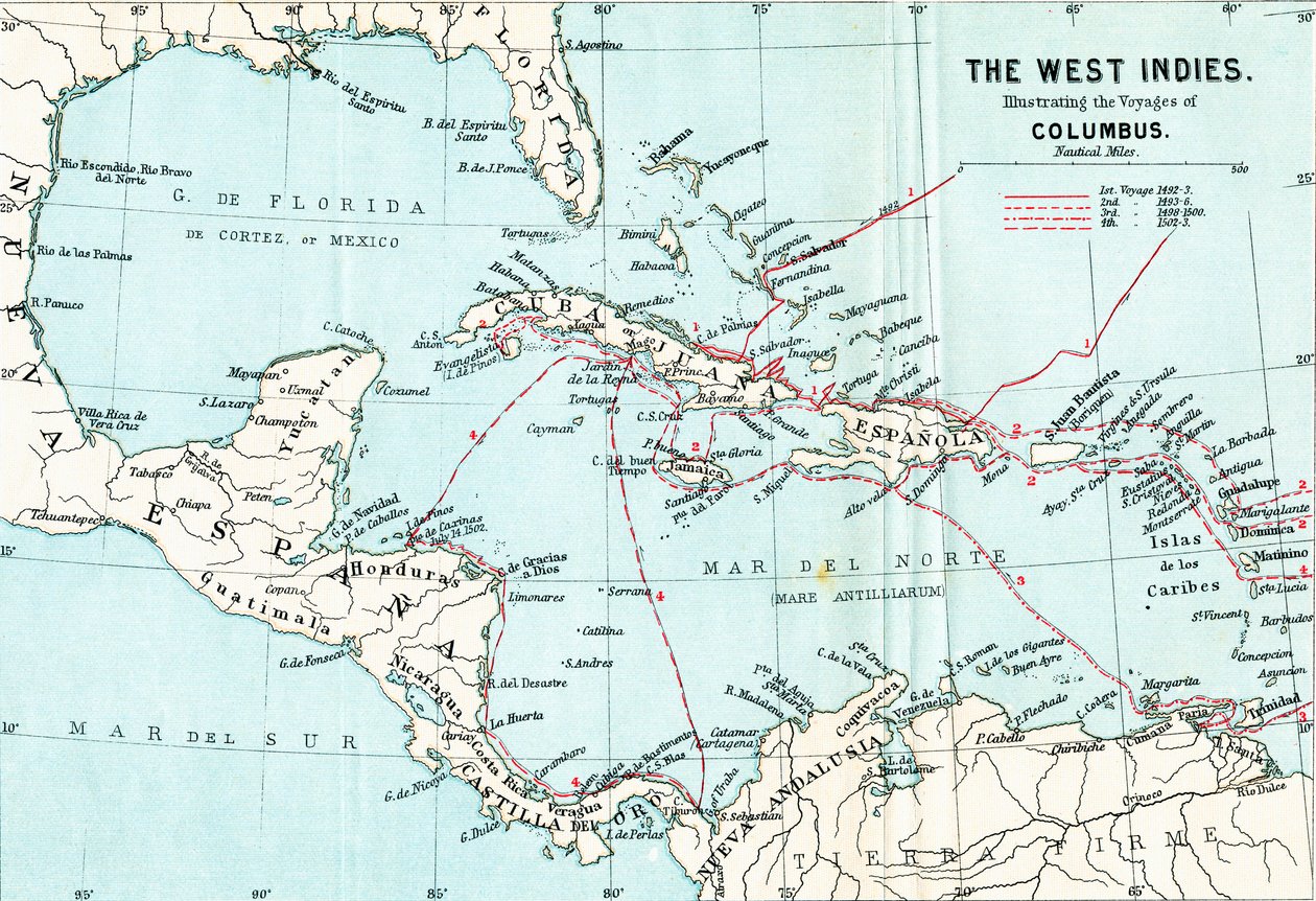 Carte des Antilles illustrant les voyages de Christophe Colomb, tirée de La vie de Christophe Colomb par Clements R. Markham, publiée en 1892 - English School