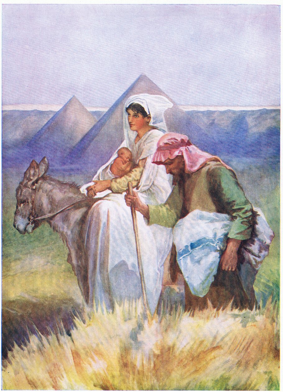 La fuite en Égypte, tiré de The Bible Picture Book publié par Thomas Nelson, vers 1950 - English School