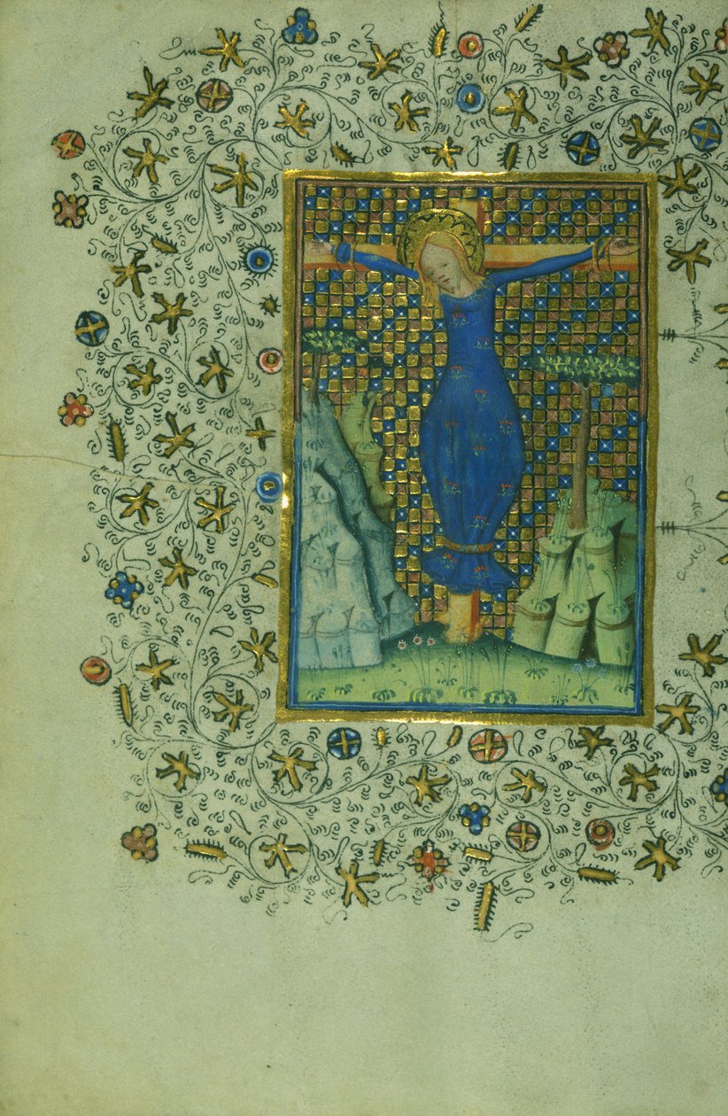 Sainte Wilgefortis sur la croix, c.1430-40 (encre sur parchemin) - Flemish School