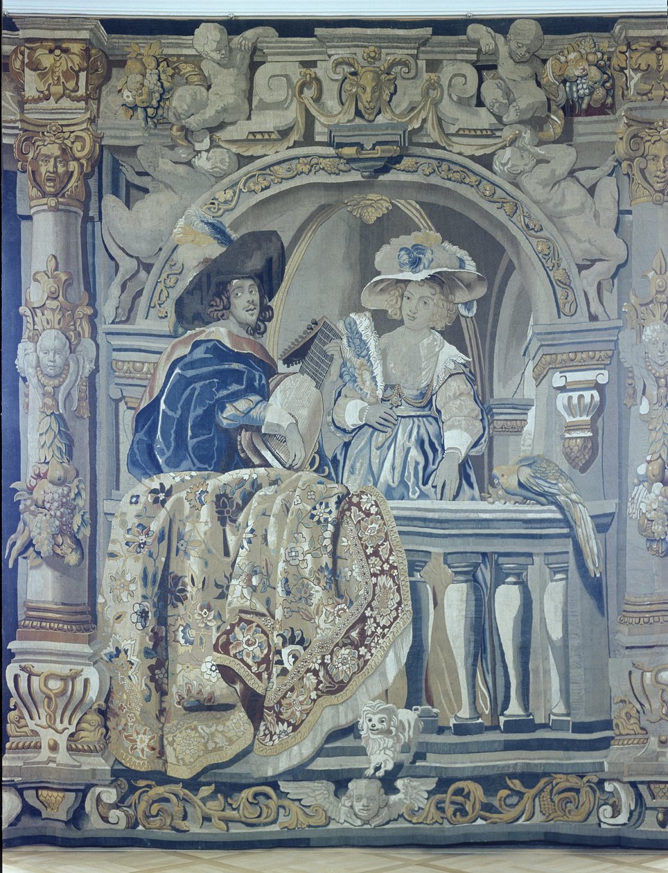 Tapisserie avec une Dame et un Cavalier sur un Balcon - Flemish School