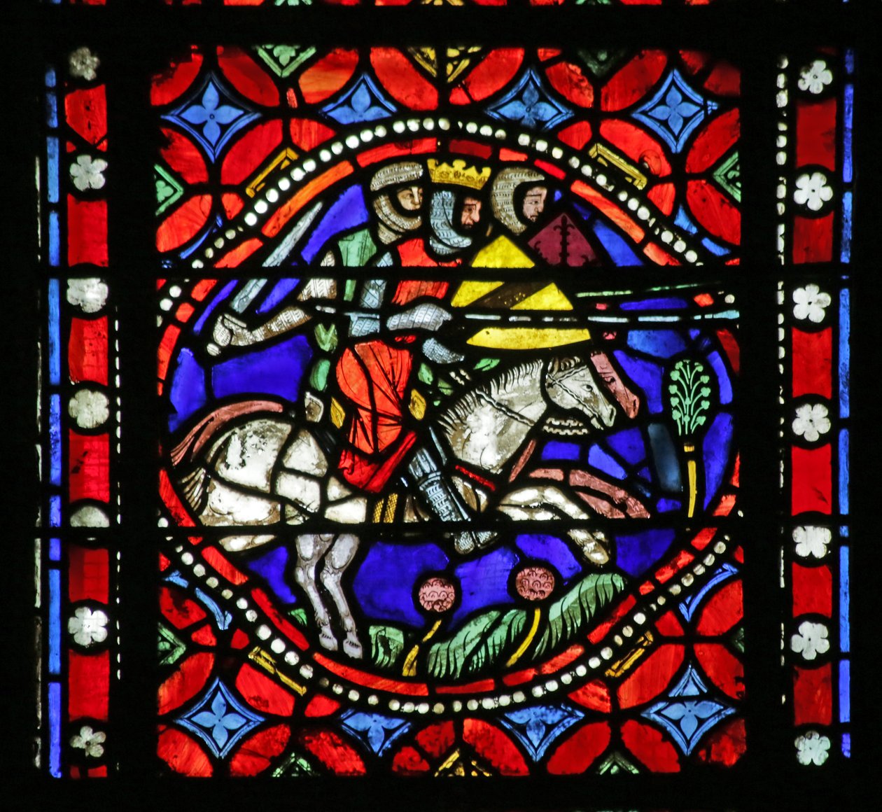 Vitrail représentant Scène de la Vie de Saint Bonnet : le Roi Aripert et son entourage allant à la rencontre du Baron - French School