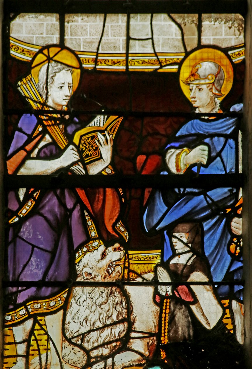 Vitrail représentant Saint Sébastien et Saint Adrien et un donateur - French School