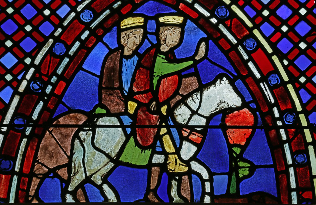 Vitrail représentant deux mages à cheval - French School