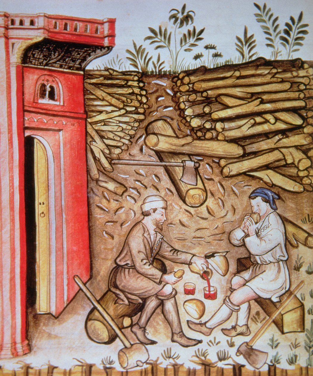 Manger du pain et boire du vin, illustration du Tacuinum Sanitatis Codex Vindobonensis - Italian School