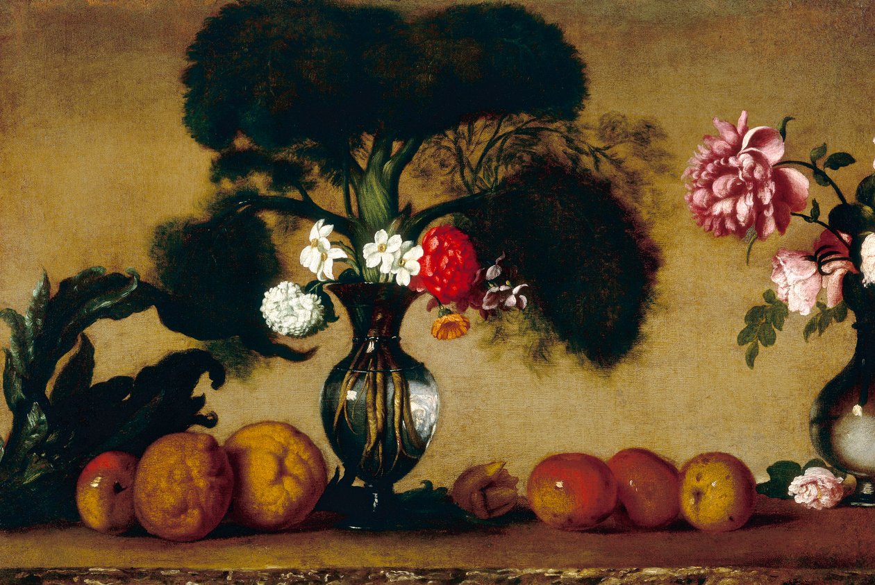 Deux vases, avec des fleurs, des fruits et un artichaut - Italian School