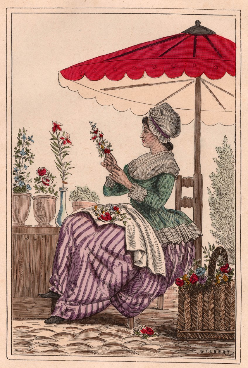 Une marchande de fleurs, assise sous un parapluie, faisant des bouquets de fleurs rouges - Unknown