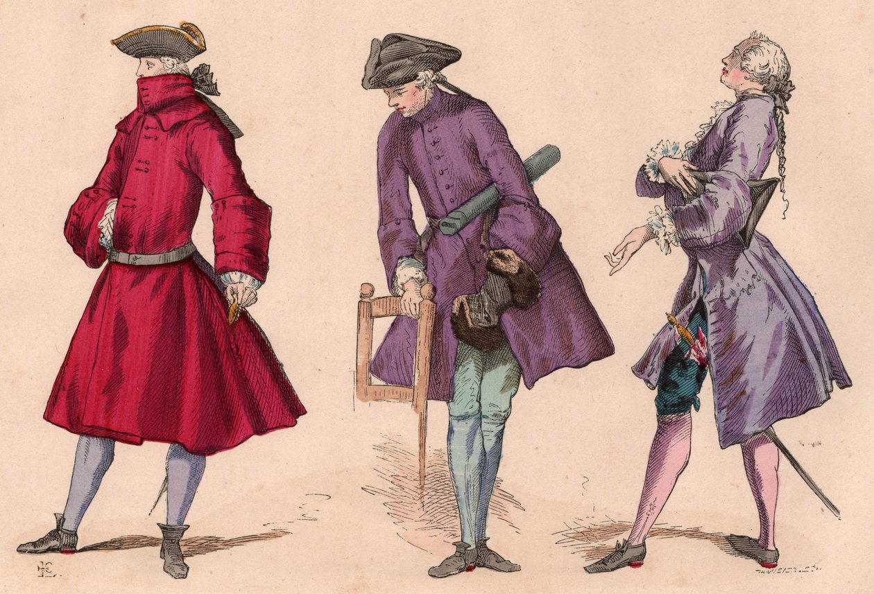 Trois hommes en costumes du XVIIIe siècle avec redingotes et chapeaux tricorne, y compris une robe bourgeoise et une robe de cérémonie (gravure en couleur) - Unknown