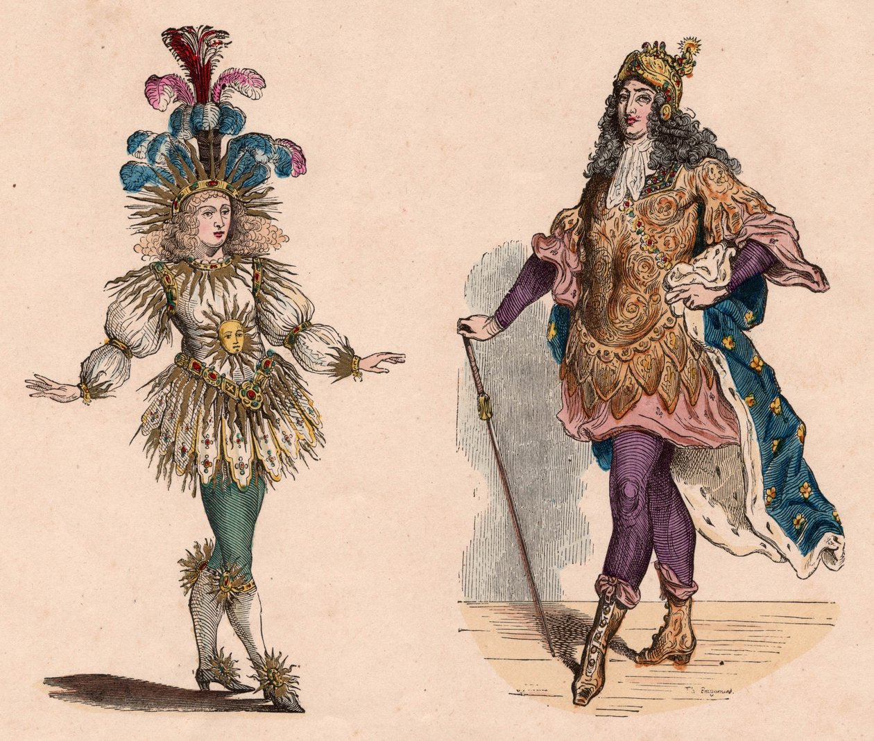 Deux vues de Louis XIV en costumes : un pour le théâtre évoquant le soleil avec des plumes d