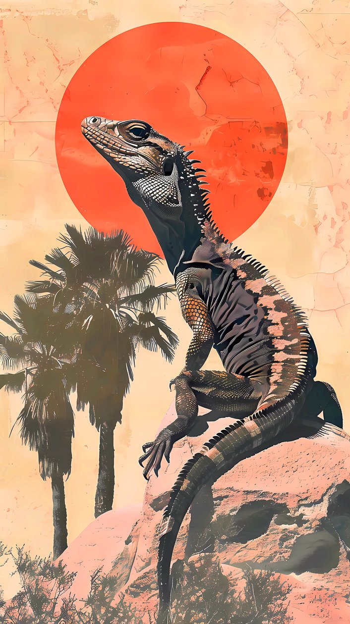 Un lézard prenant un bain de soleil sur un rocher avec un fond de palmier - F. Abderrahim