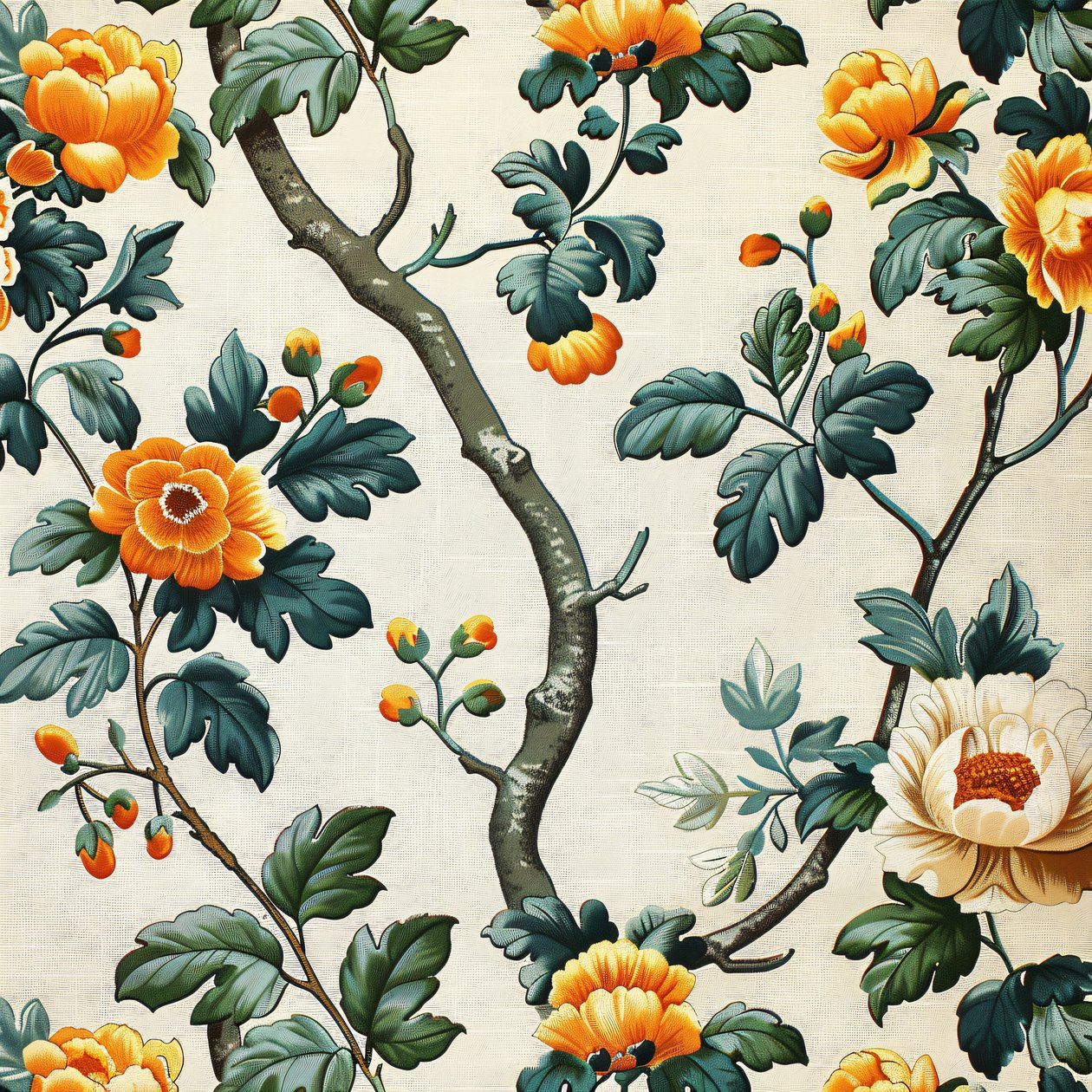 Art mural personnalisé : motif floral vert et orange - F. Abderrahim
