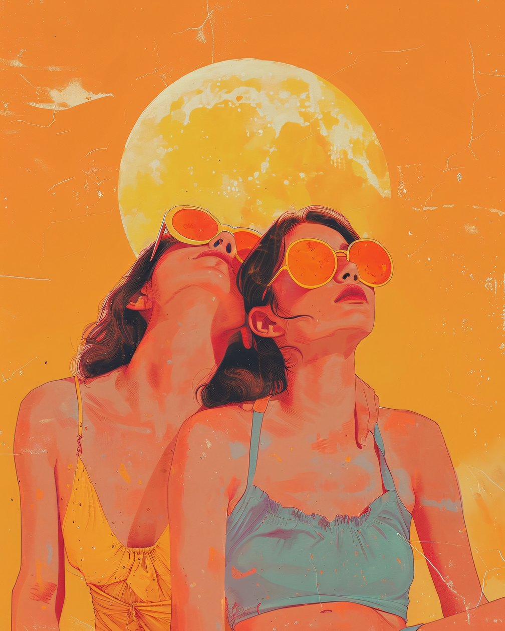 Portrait abstrait de deux femmes avec des lunettes de soleil et un coucher de soleil derrière - F. Abderrahim