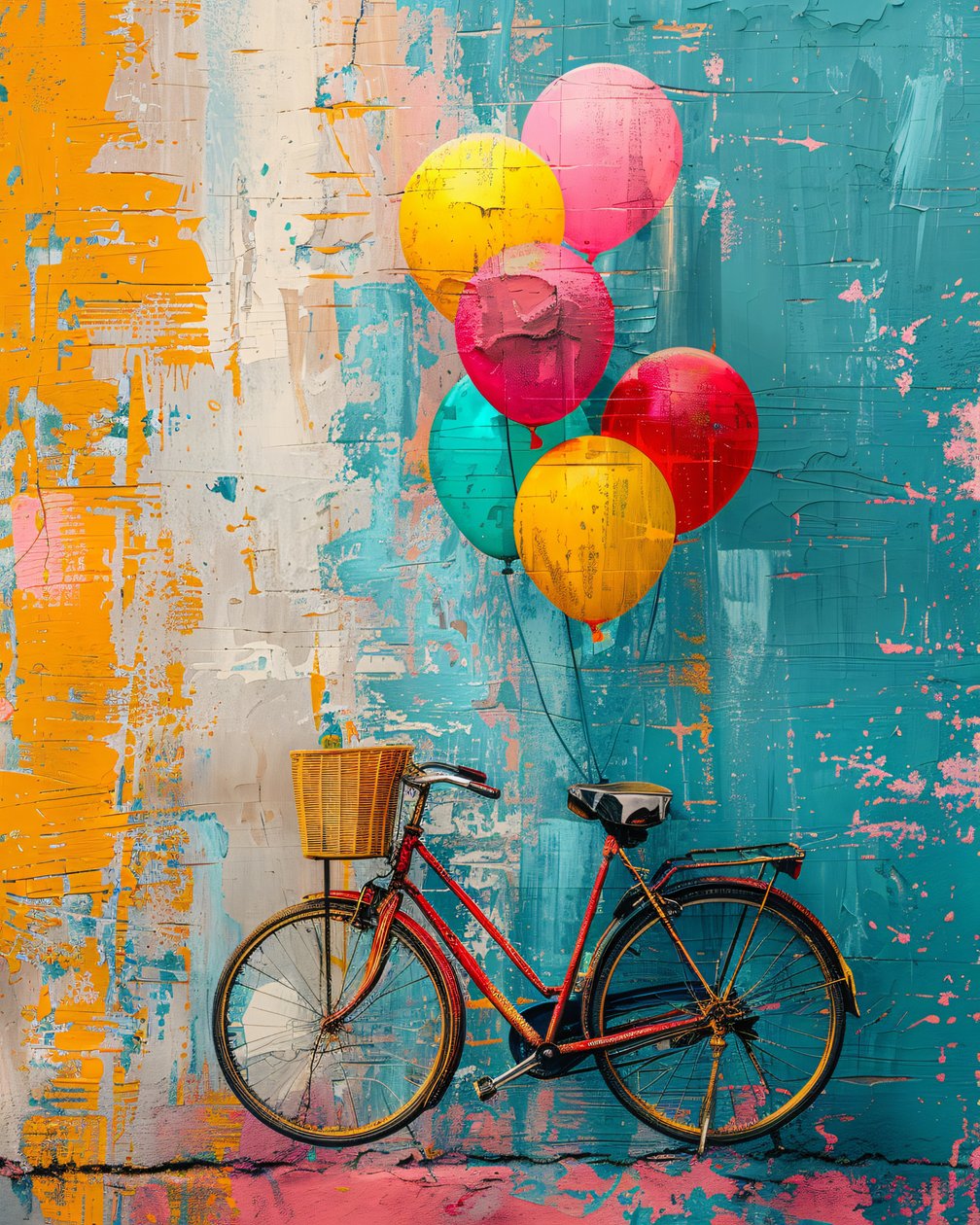 Peinture primitive abstraite de vélo montant avec des ballons - F. Abderrahim