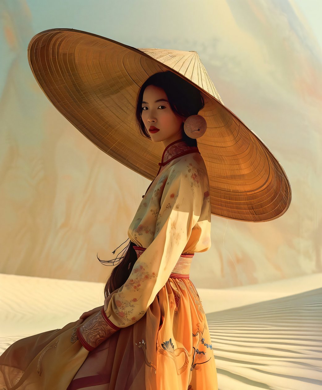 Femme chinoise en kimono jaune dans un désert - F. Abderrahim