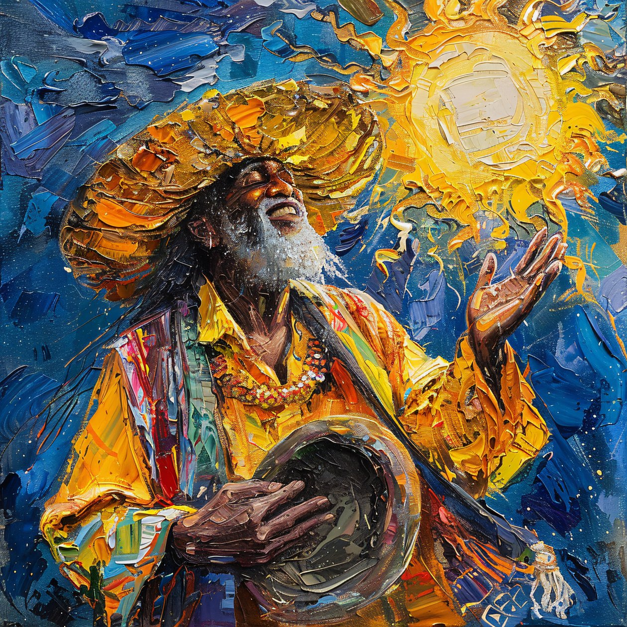 Homme mexicain heureux avec un chapeau dansant, style de peinture de Van Gogh - F. Abderrahim