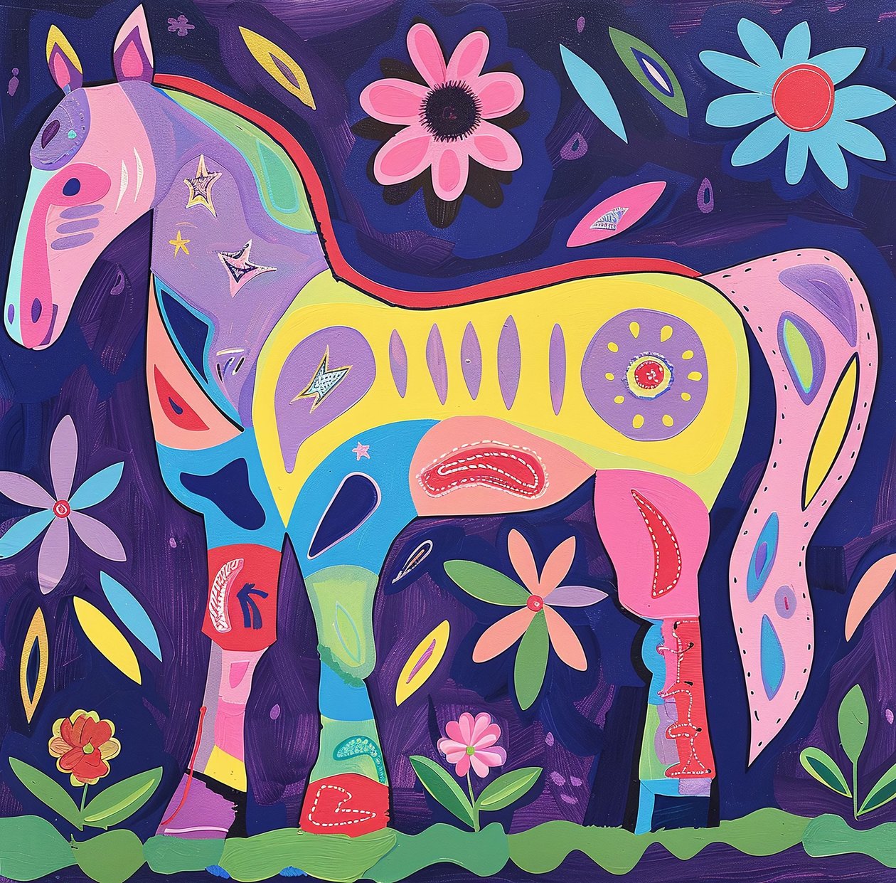 Peinture sur toile abstraite de cheval découpé avec ligne irrégulière - F. Abderrahim