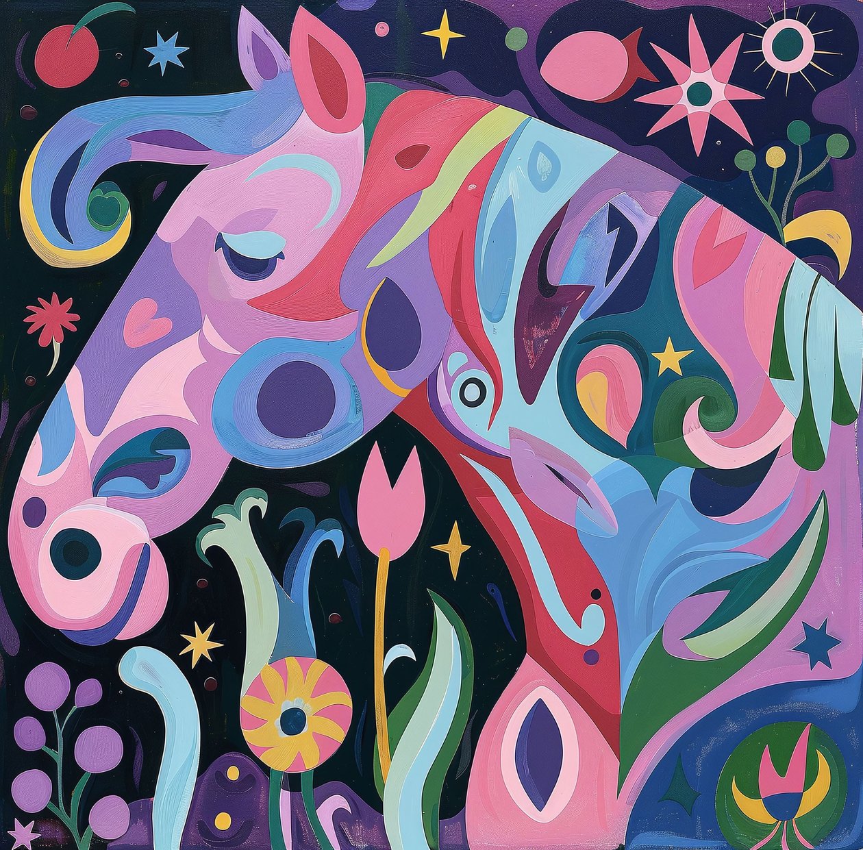 Peinture abstraite cheval découpé avec ligne irrégulière - F. Abderrahim