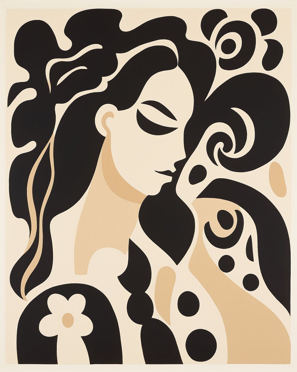 Peinture abstraite beige et noire femme style Henri Matisse - F. Abderrahim