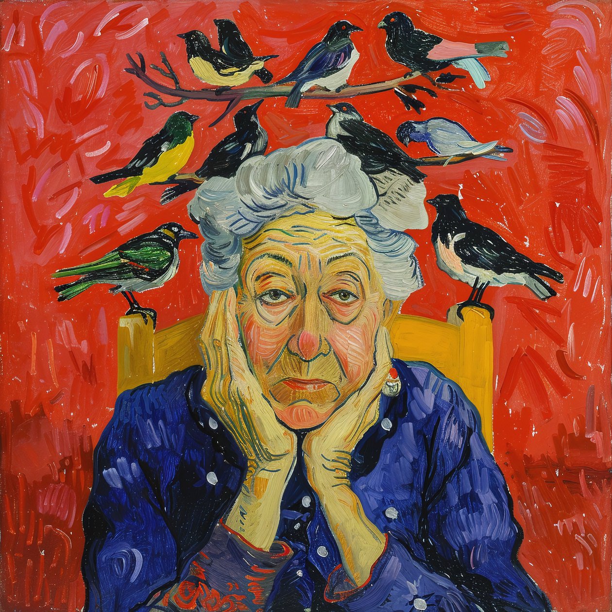 Femme avec des oiseaux sur la tête : peinture style Matisse - F. Abderrahim