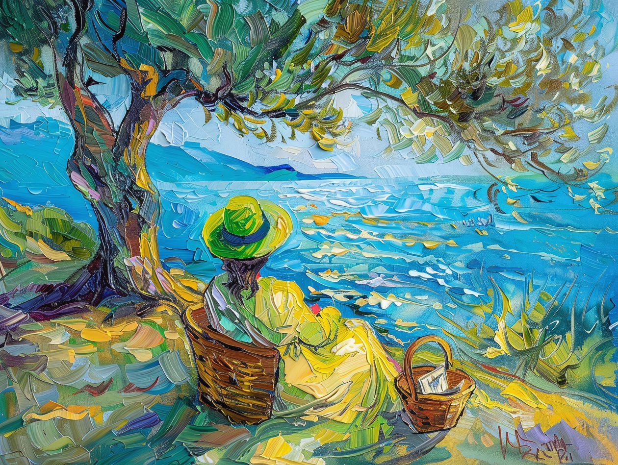 Peinture abstraite colorée moderne femme avec vert et bleu, Décoration murale - F. Abderrahim
