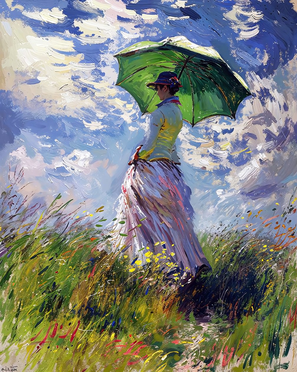 Femme en robe tenant un parapluie marchant sur une colline verte au printemps - F. Abderrahim