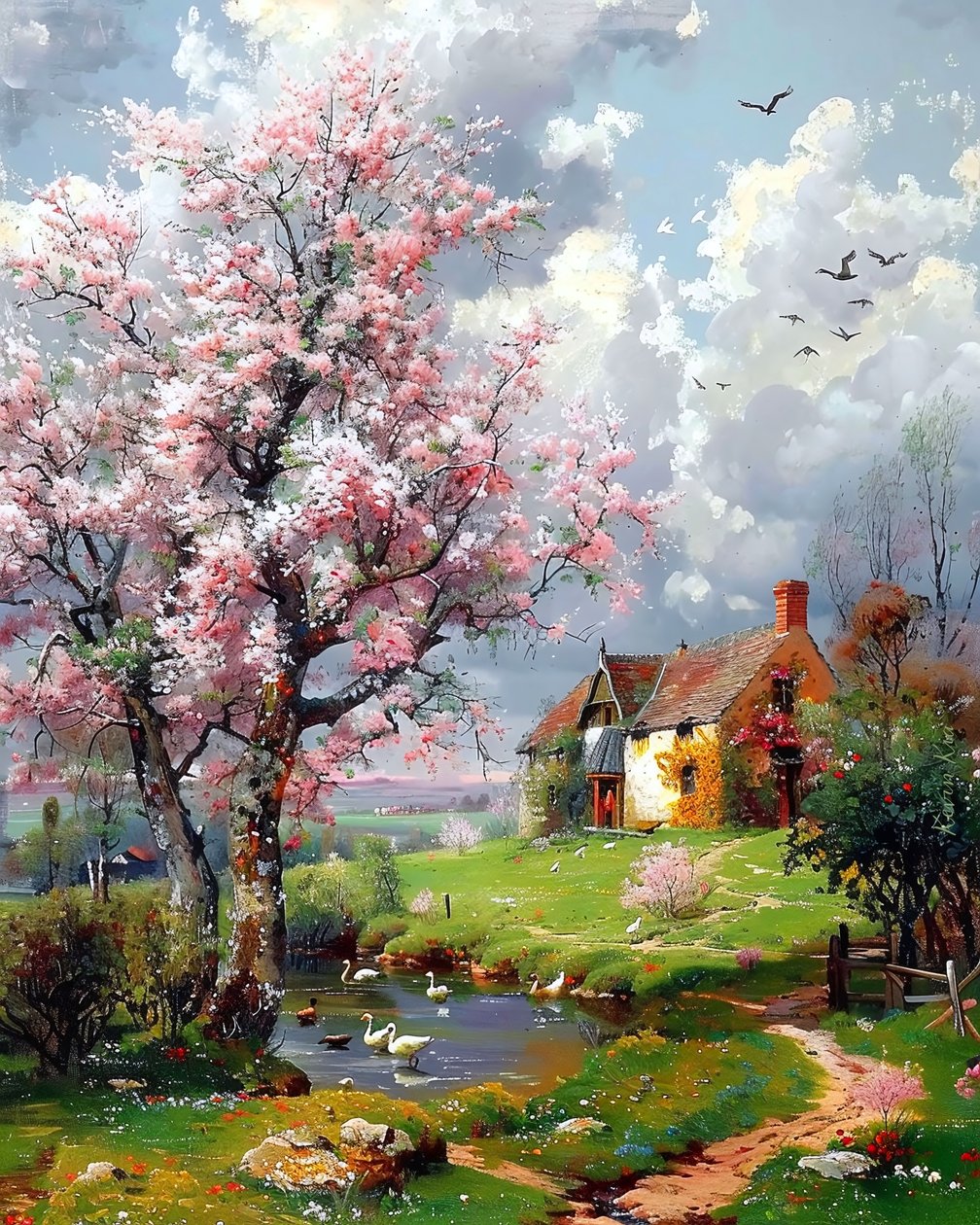 Vieille maison et paysage avec des arbres en fleurs - F. Abderrahim