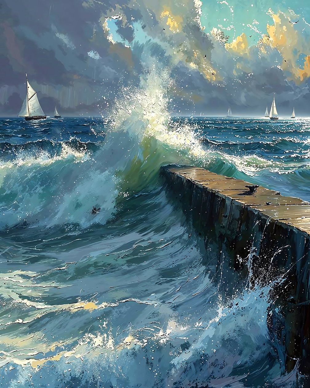 Vagues déferlantes et bateaux à l