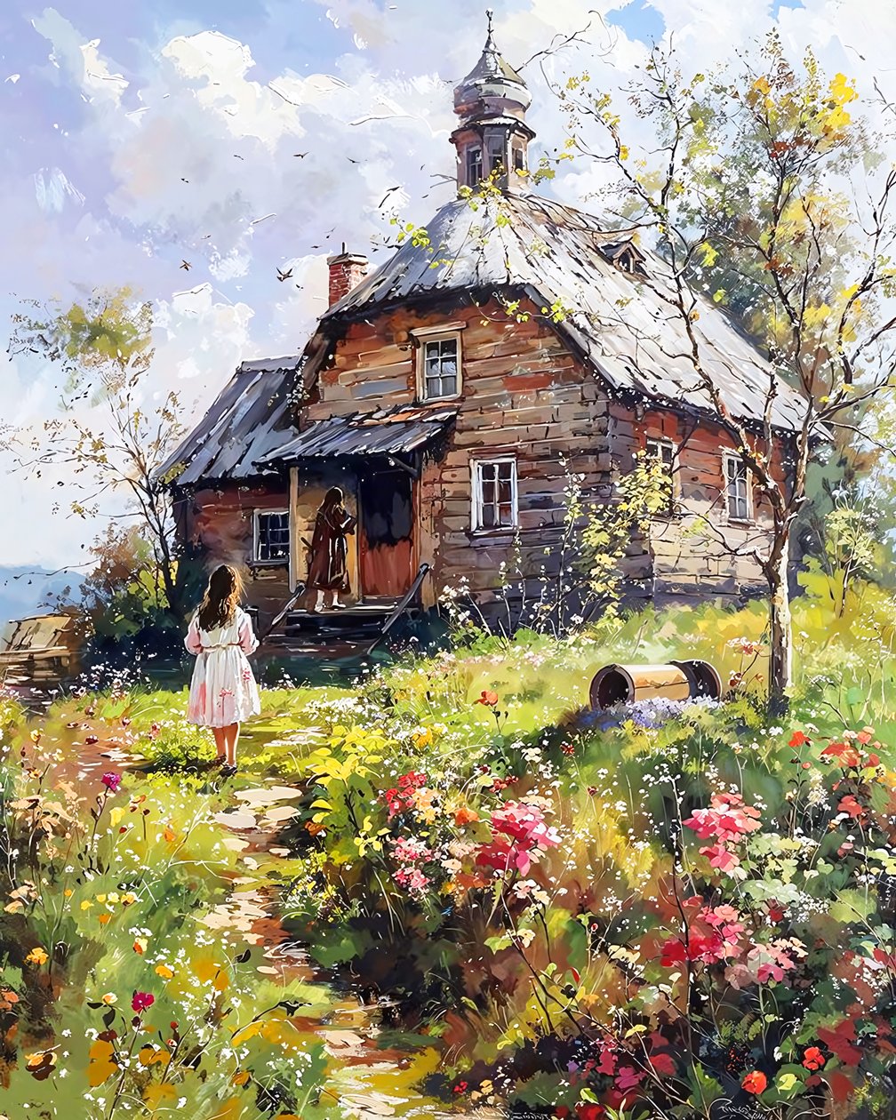 Une fille et sa mère devant une maison en bois - F. Abderrahim
