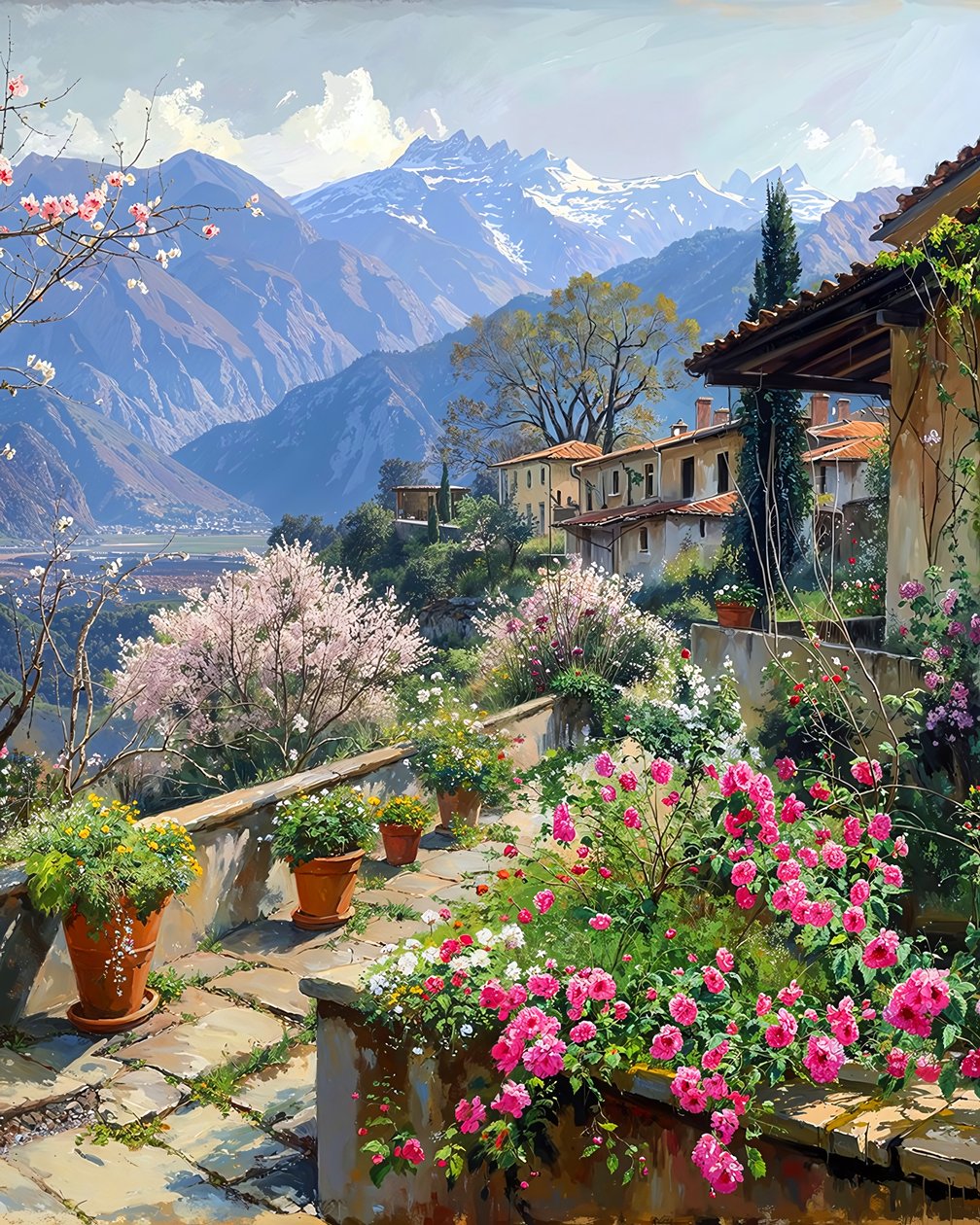 Un beau village entouré de fleurs printanières dans un paysage montagneux - F. Abderrahim