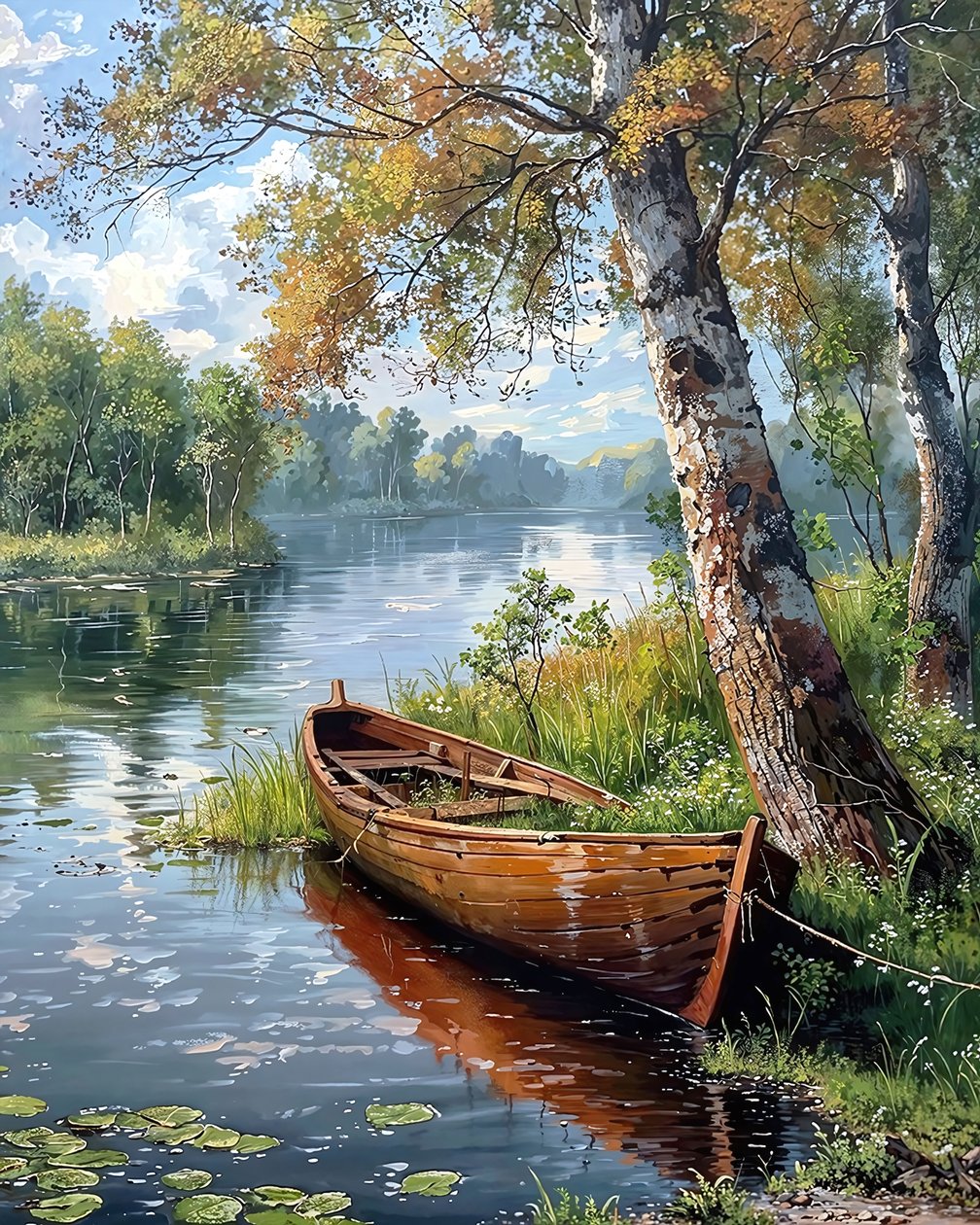 Beau paysage avec une rivière et un bateau - F. Abderrahim