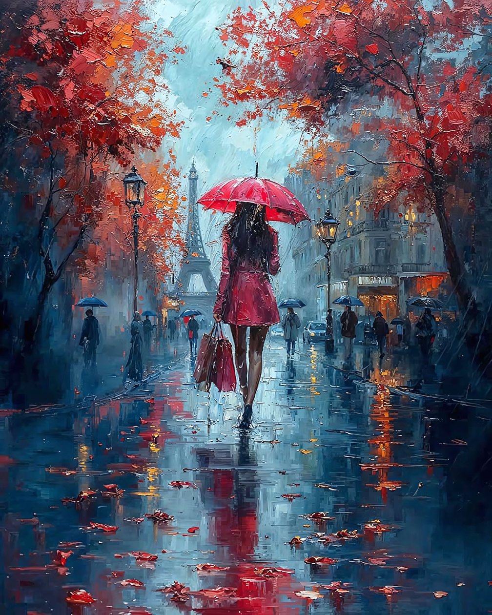 Dame élégante avec un parapluie marchant dans une rue de Paris - F. Abderrahim